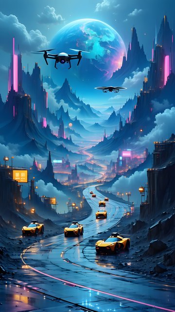 Futuristic Cityscape Drive: Neon Cyberpunk Night
