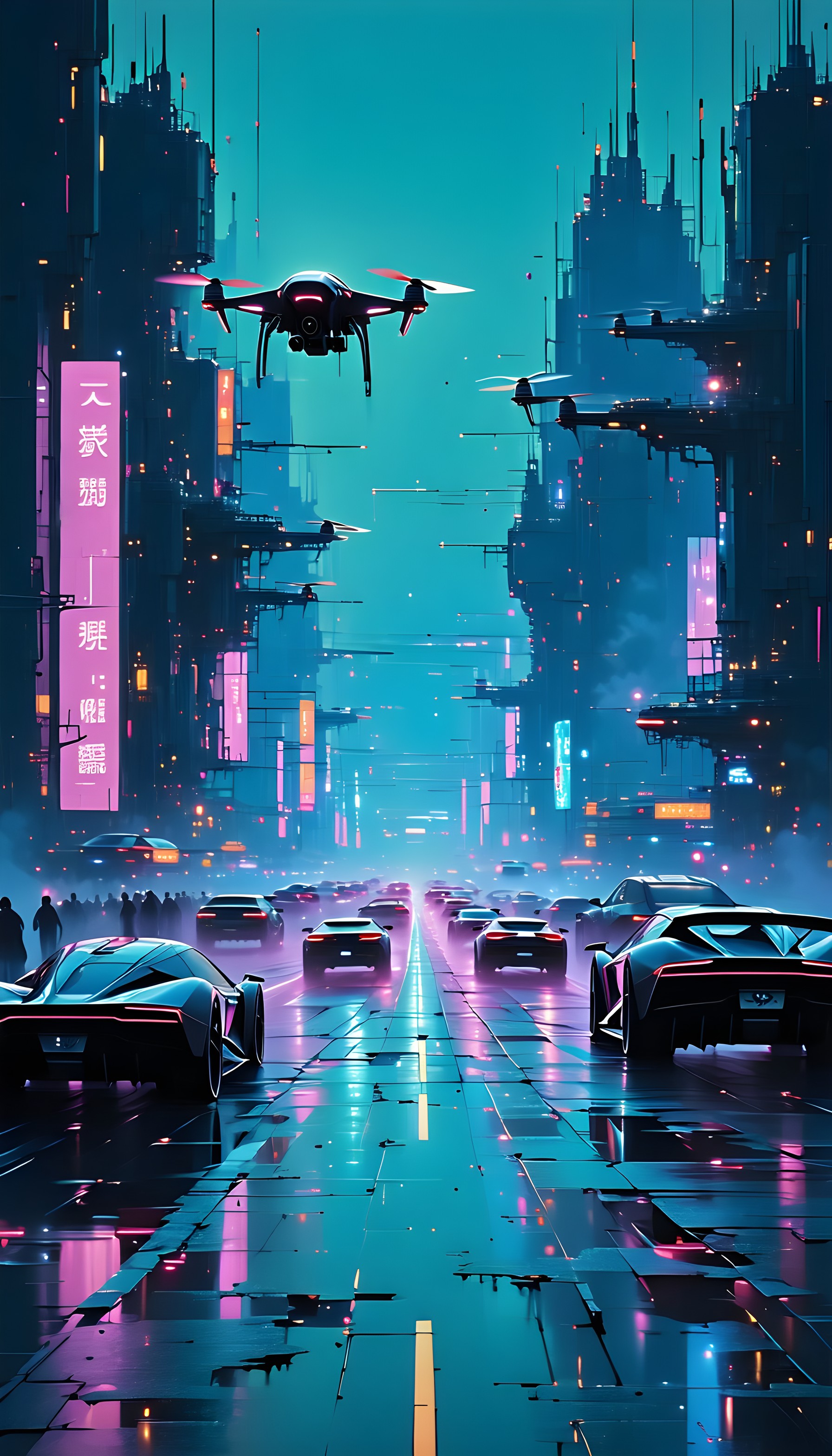 Cyberpunk Cityscape: Neon Streets, Drones, & Sports Cars, cyberpunk, futuristic city, neon lights, drone, sports cars, urban night