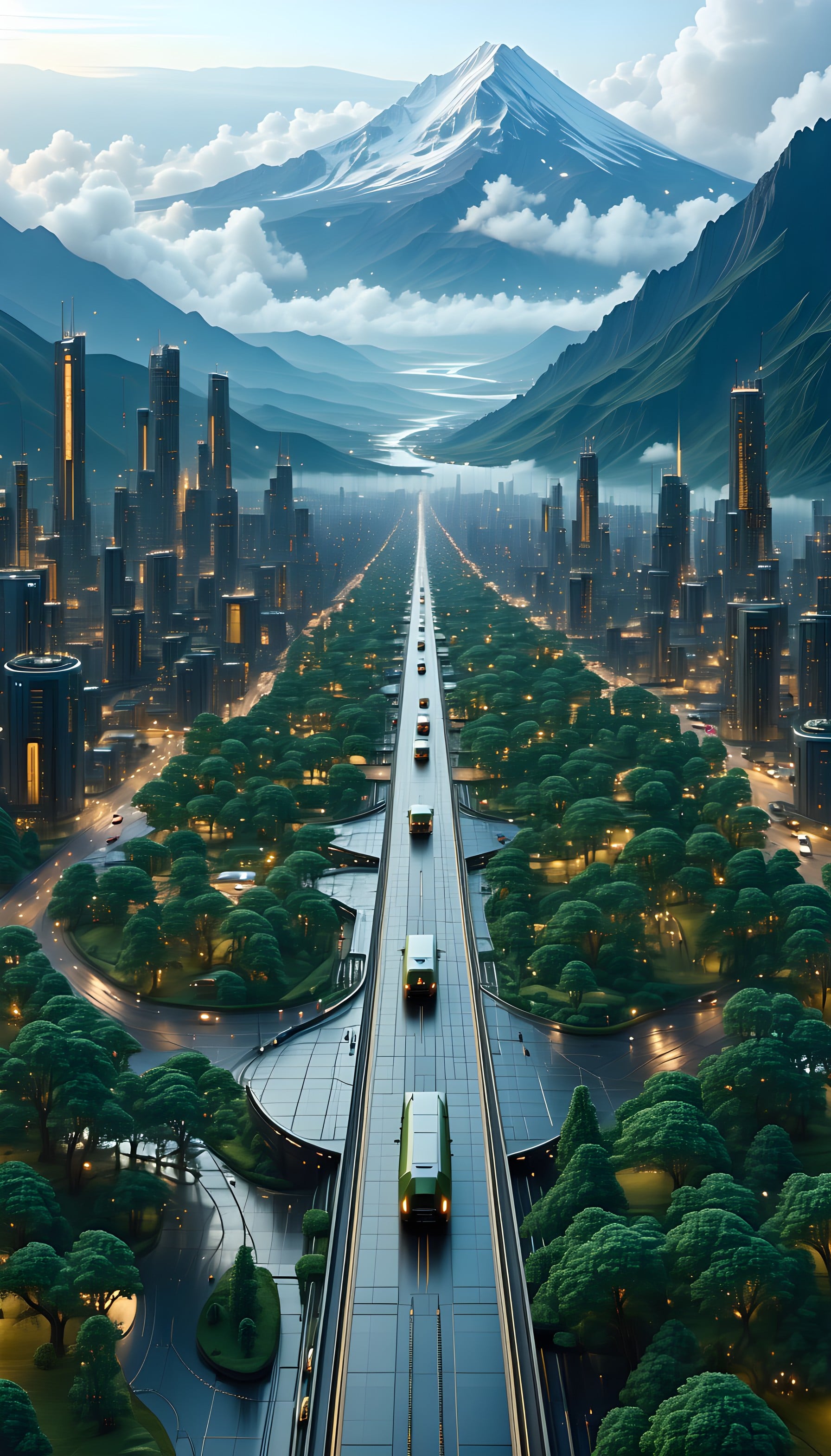 Futuristic City Ascent to Misty Mountains Wallpaper, futuristic city, sci-fi landscape, mountain vista, urban highway, digital art, phone wallpaper