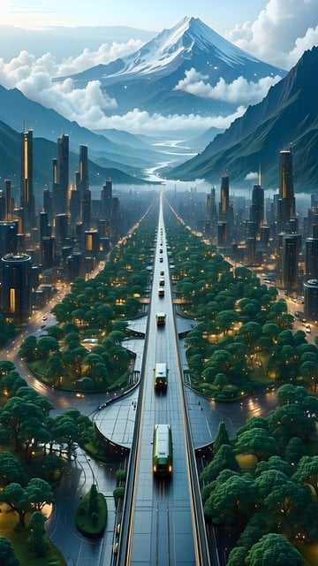 Futuristic City Ascent to Misty Mountains Wallpaper