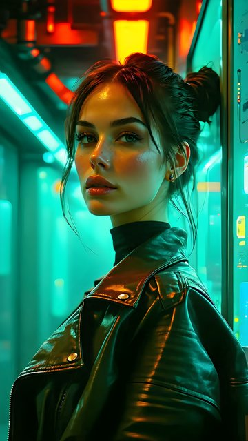 Neon Lit Sci-Fi Woman in Leather Jacket