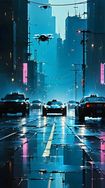Cyberpunk City Night Rain with Drones & Taxis