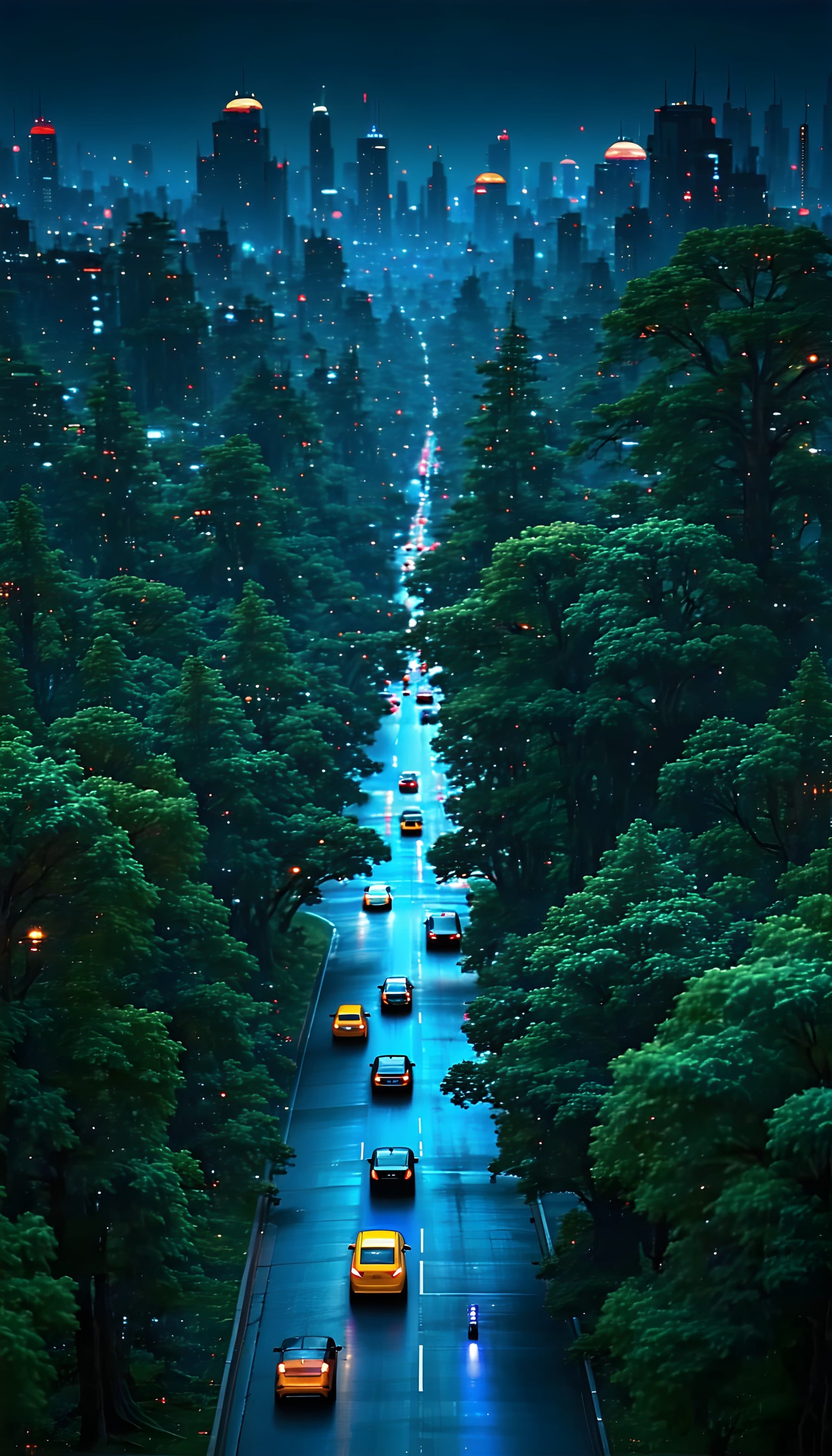 Cyberpunk Forest Road to Future City Nightscape, cyberpunk city, night drive, forest road, futuristic, urban landscape, deep green
