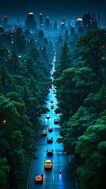 Cyberpunk Forest Road to Future City Nightscape