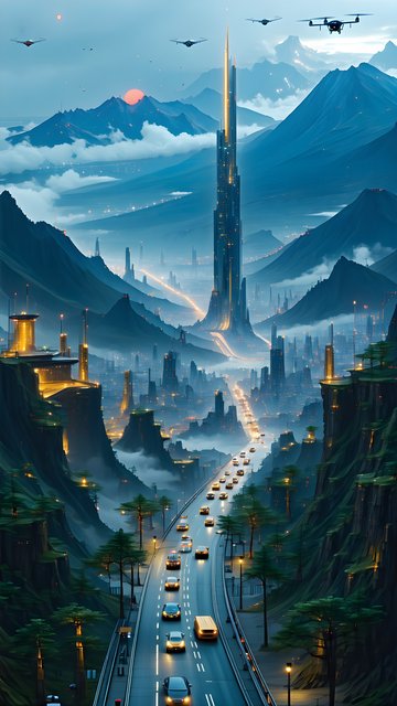 Futuristic City Sunset Highway Mountains Wallpaper