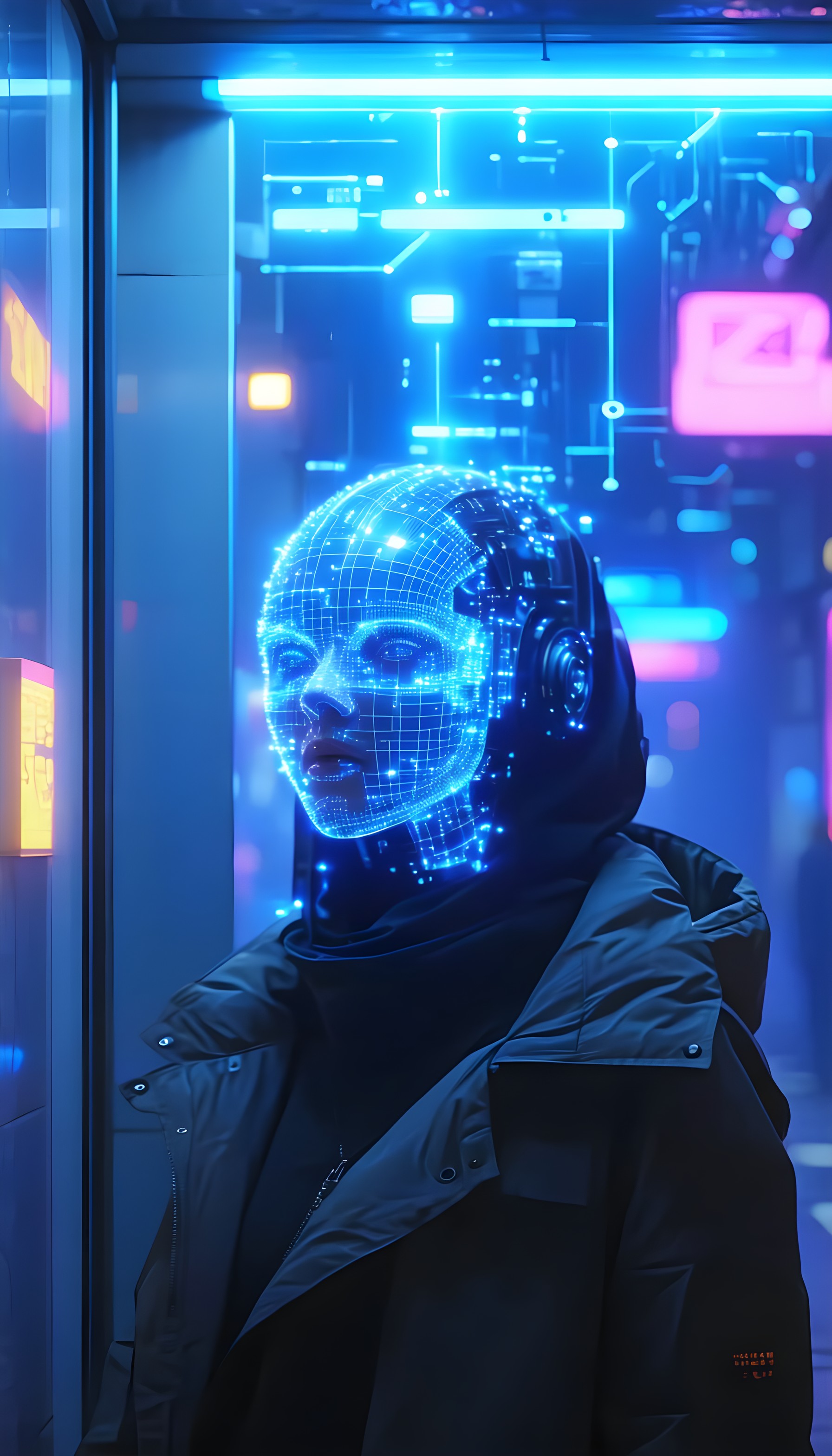Neon AI Wireframe Head Futuristic City Wallpaper, ai, cyberpunk, futuristic, neon, wireframe, digital art