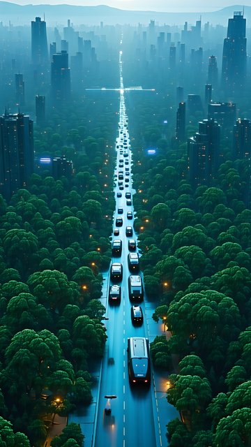 Futuristic Green City Highway Morning Mist