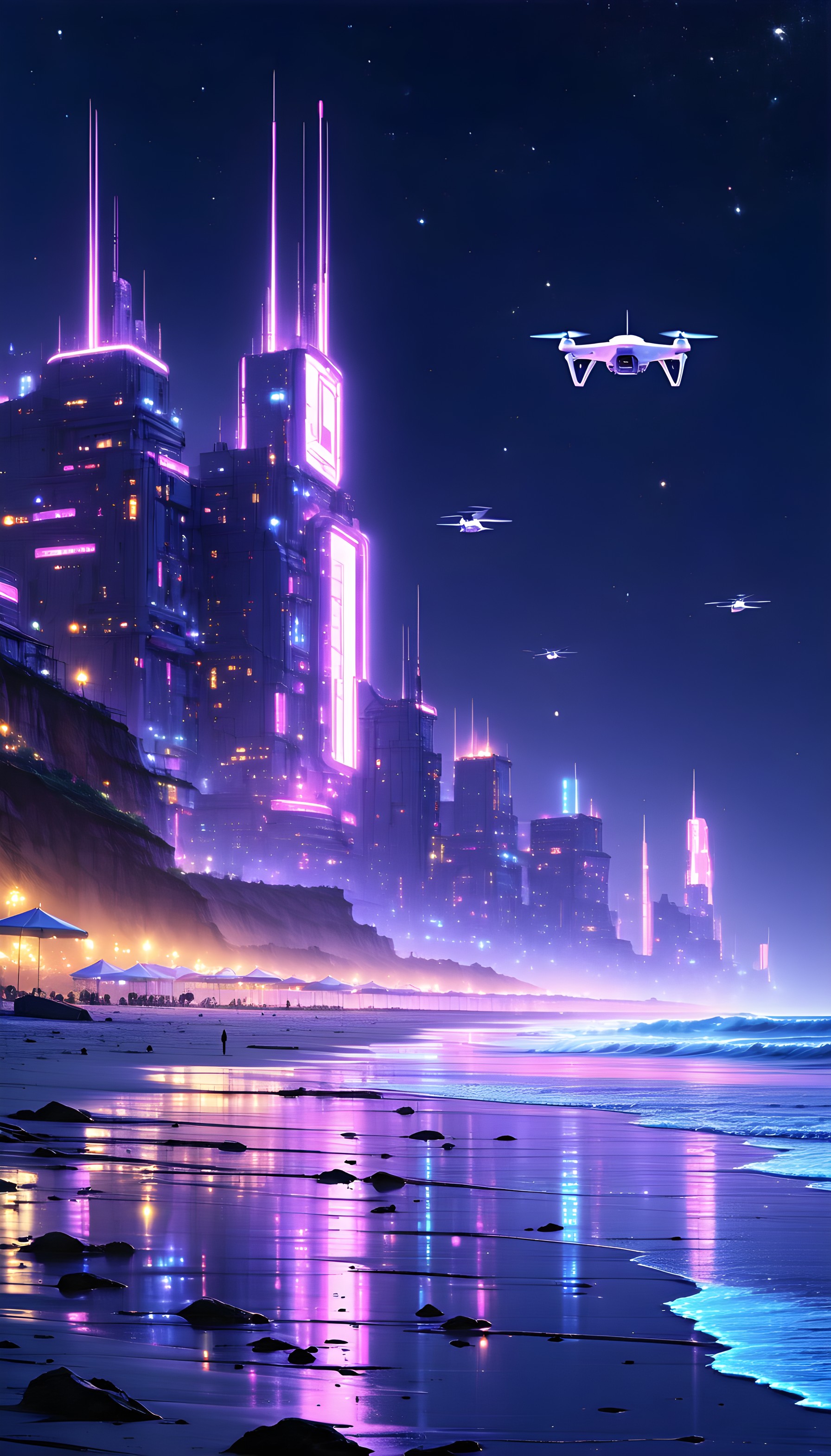 Futuristic Neon City Beach Night Drones, futuristic, cyberpunk, neon city, night scene, beach, purple