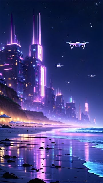 Futuristic Neon City Beach Night Drones