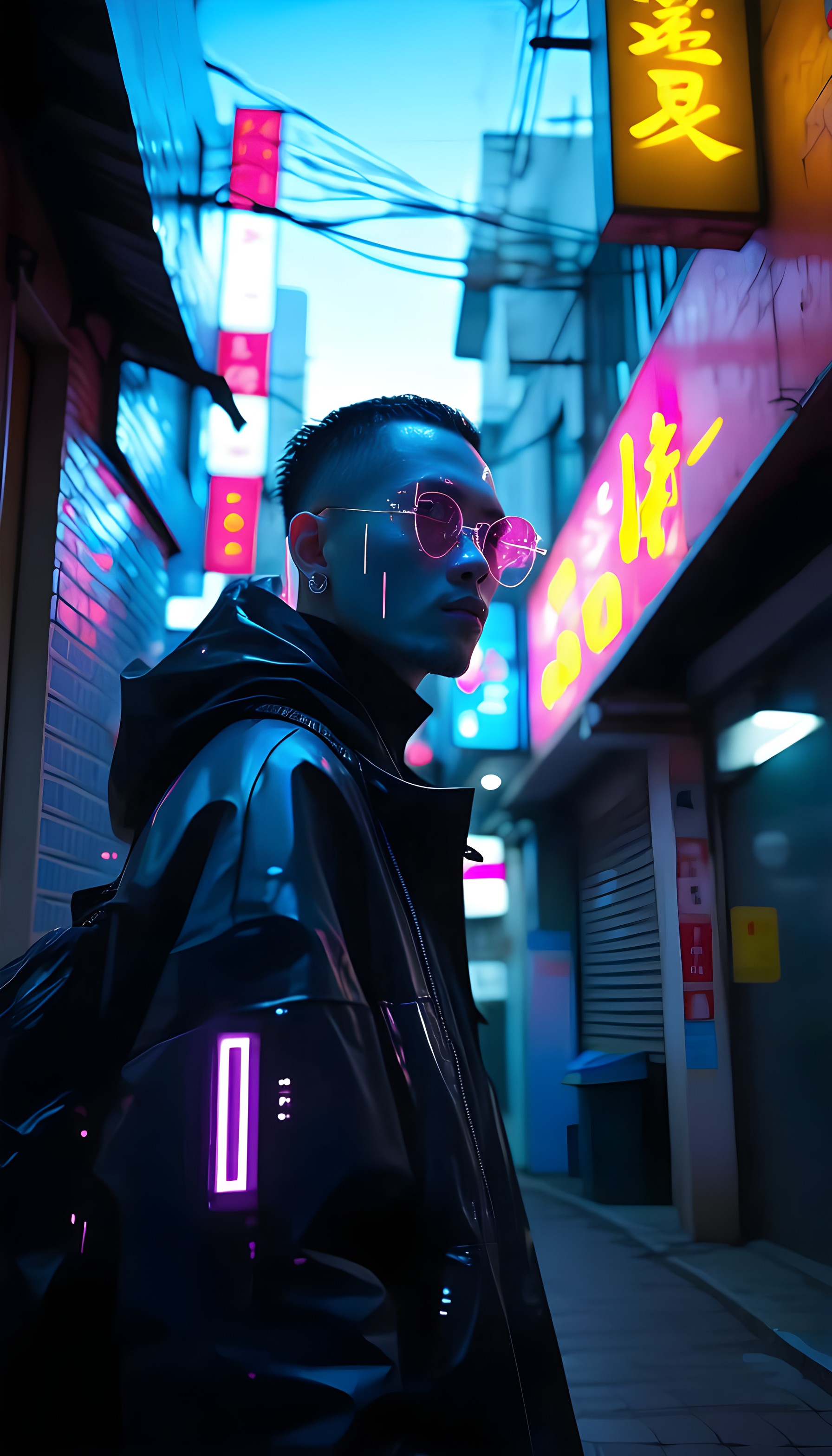 Cyberpunk Urban Alley Portrait Neon City Lights, cyberpunk, neon city, futuristic, urban alley, portrait, pink glasses
