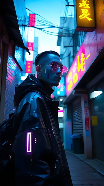 Cyberpunk Urban Alley Portrait Neon City Lights