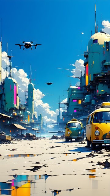 Vibrant Retro-Futuristic City with Drones