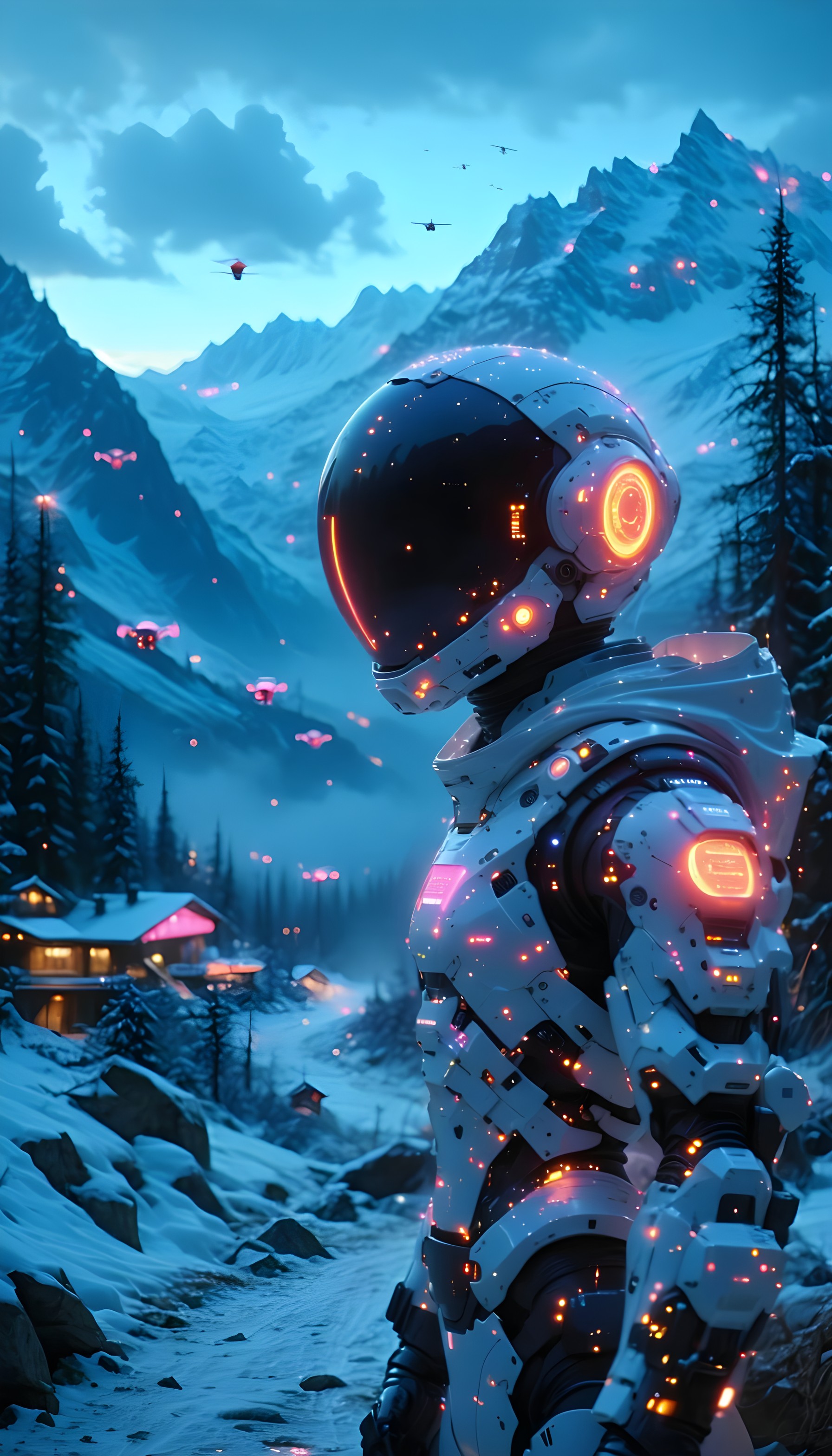 Futuristic Astronaut in Snowy Mountain Valley Wallpaper, astronaut, futuristic, sci-fi, snowy mountains, digital art, glowing lights