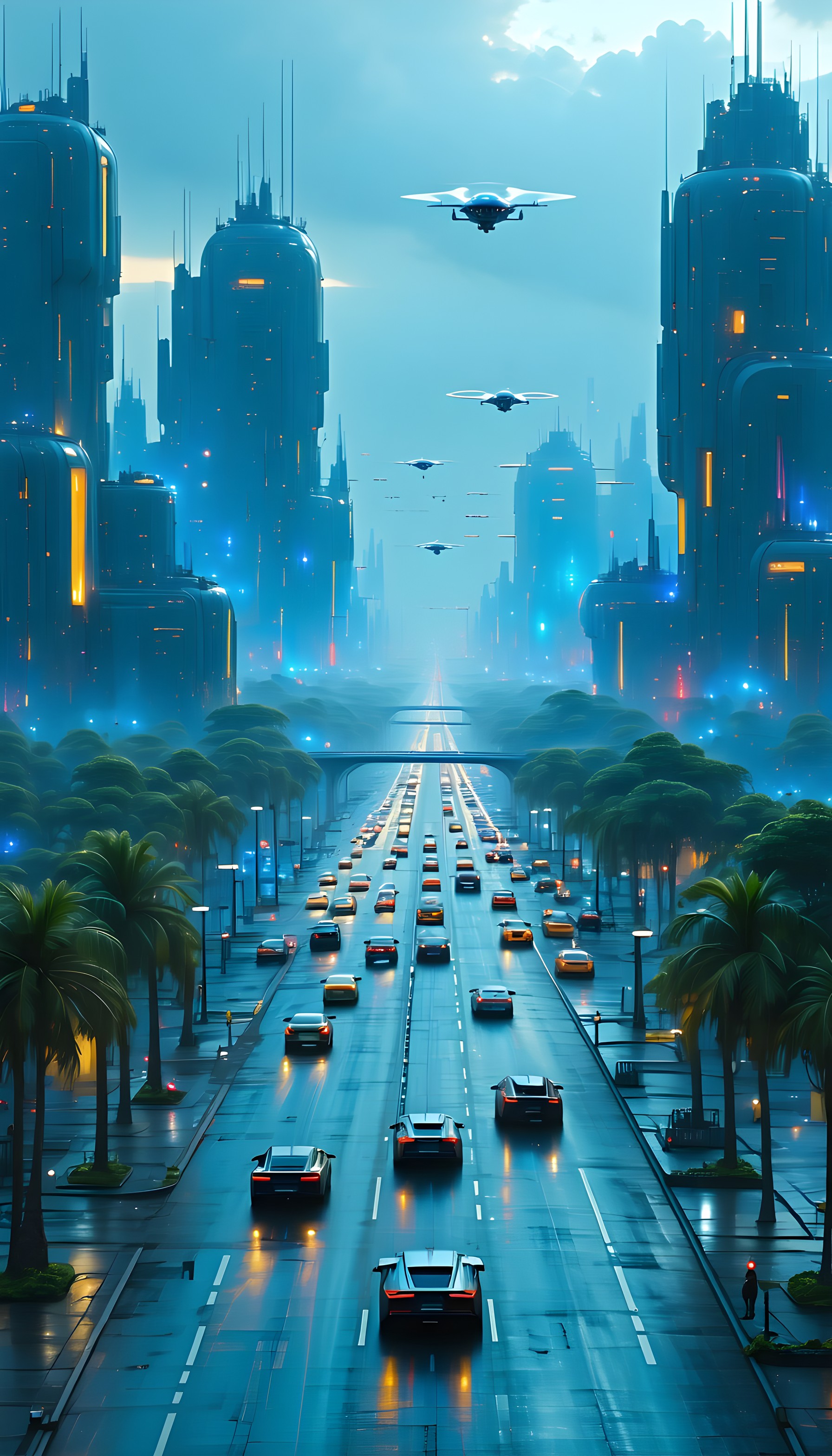 Futuristic City Streetscape with Flying Cars Wallpaper, futuristic city, cyberpunk, sci-fi, urban street, flying cars, modern architecture