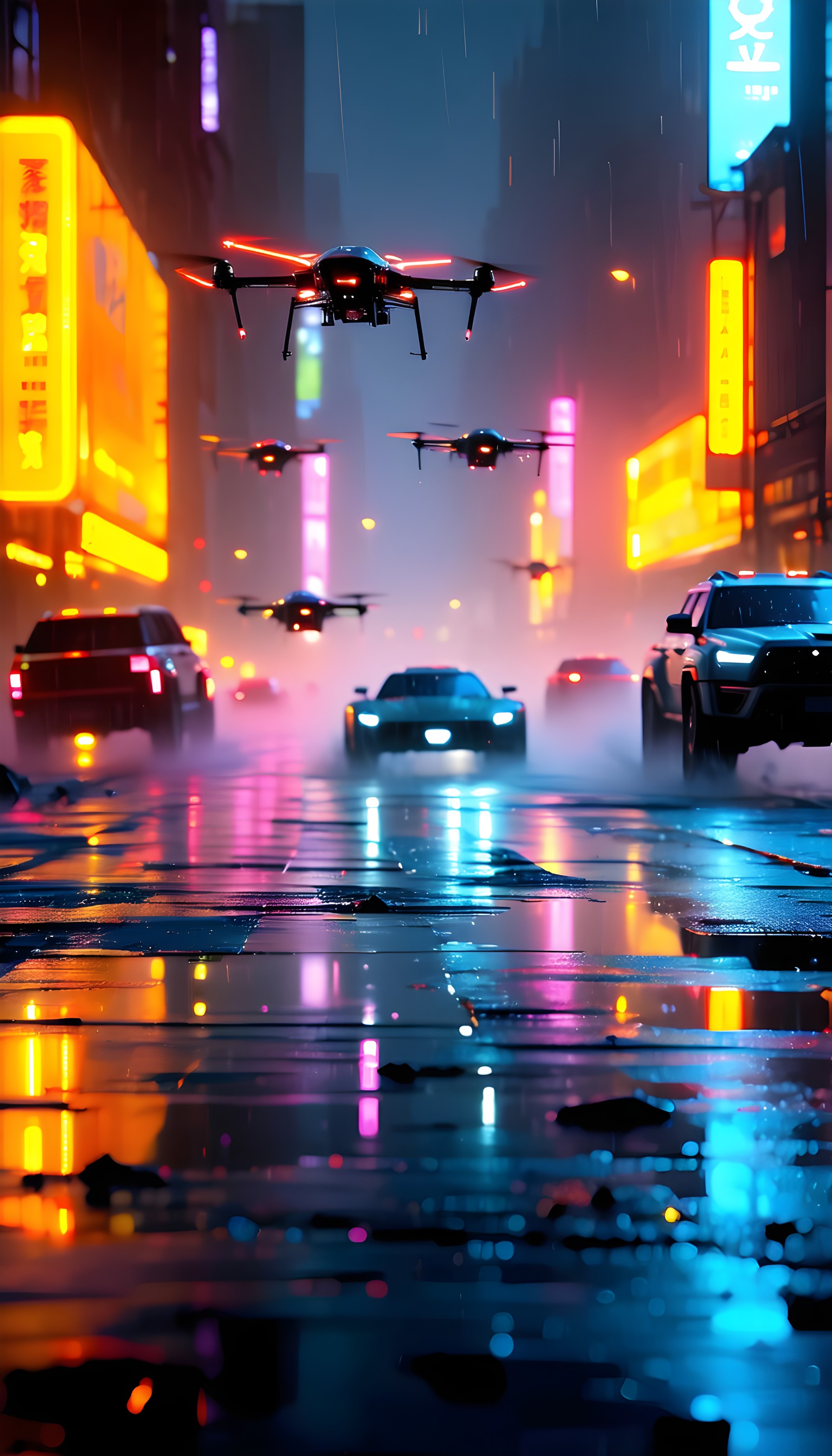 Cyberpunk City Drones & Neon Rain at Night, cyberpunk, futuristic city, neon lights, rainy street, drones, urban night
