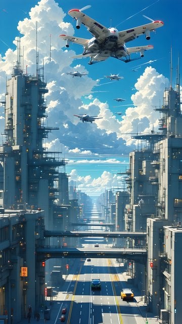 Vibrant Sci-Fi Cityscape with Flying Vehicles Wallpaper