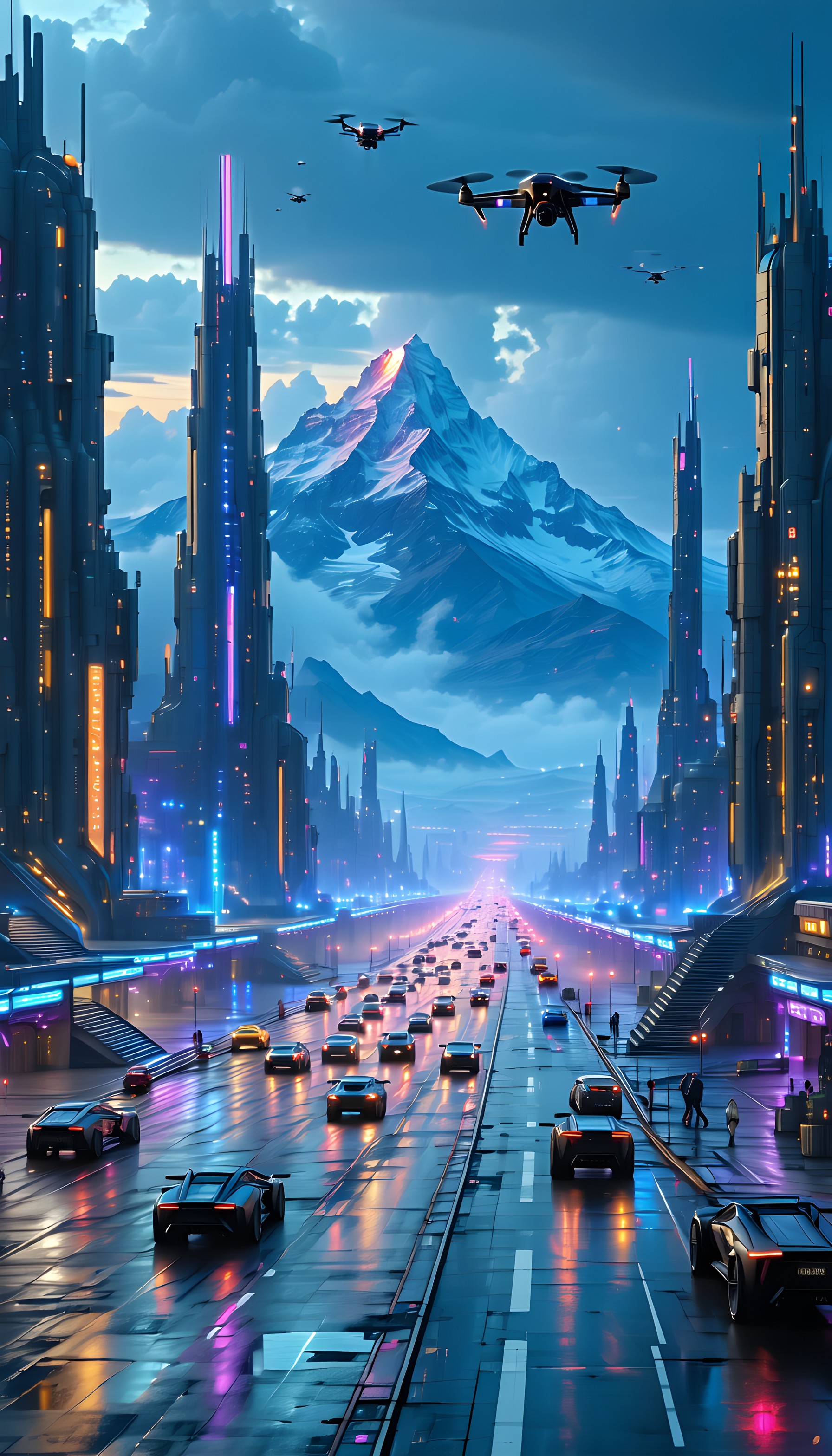 Futuristic Cyber Cityscape with Drones and Mountains, futuristic city, cyberpunk, sci-fi, urban landscape, neon lights, drones