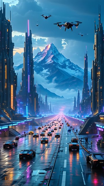 Futuristic Cyber Cityscape with Drones and Mountains