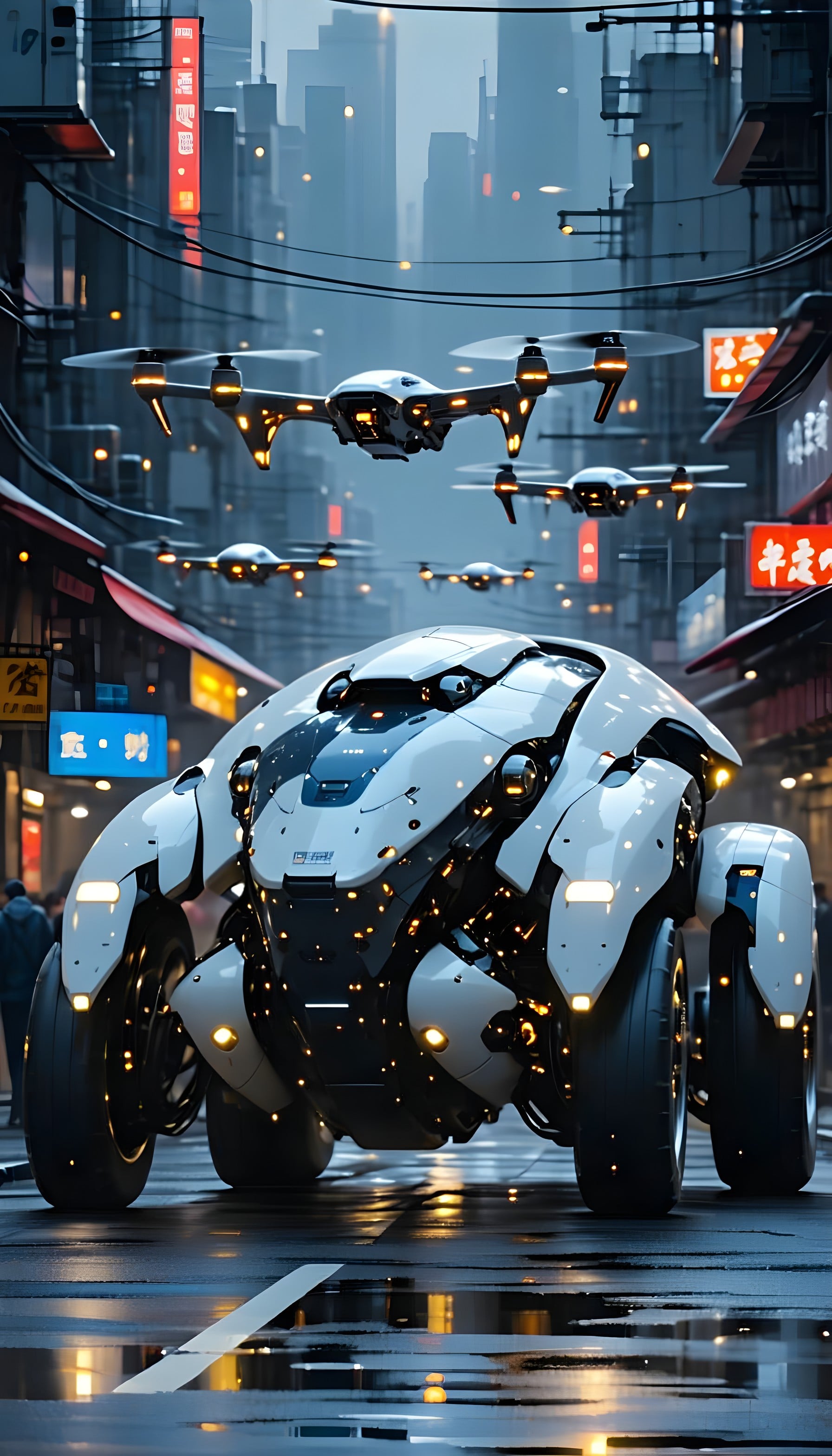 Futuristic Cyberpunk City with Drones & Sci-Fi Vehicle, futuristic, cyberpunk city, drones, sci-fi vehicle, night, digital art