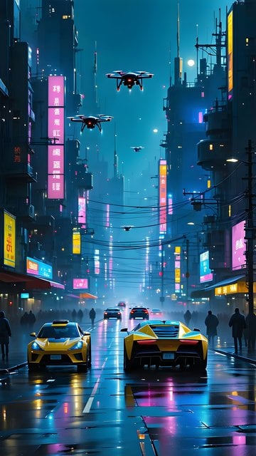 Cyberpunk Cityscape Night: Neon, Drones & Supercars