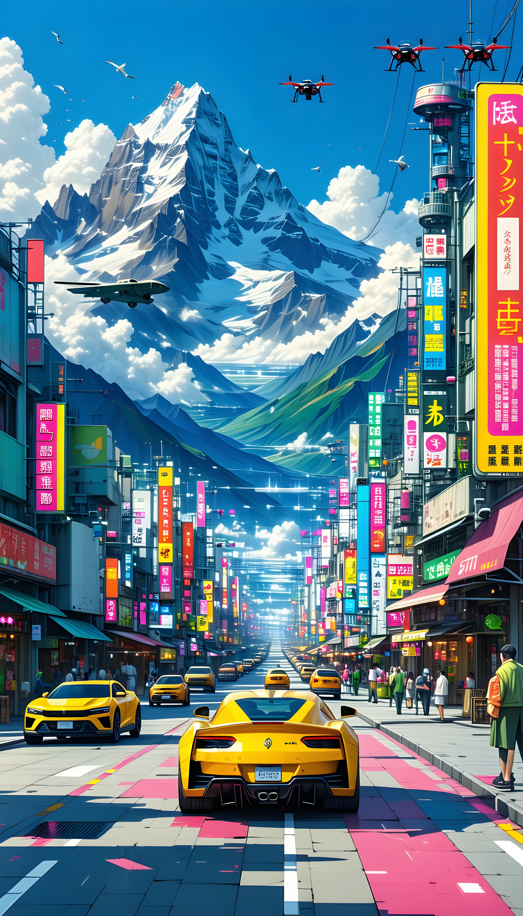 Vibrant Cyberpunk City with Snowy Mountain View, futuristic city, cyberpunk, neon aesthetic, snow mountain, vibrant street, yellow car
