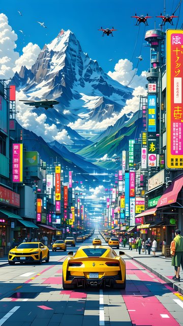 Vibrant Cyberpunk City with Snowy Mountain View