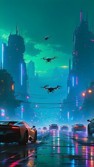 Vibrant Cyberpunk City Night with Drones and Cars