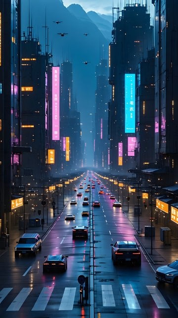 Futuristic Cyberpunk City Street Night Phone Wallpaper