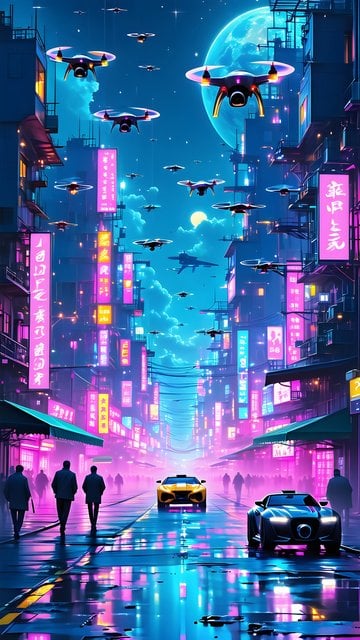 Vibrant Cyberpunk City Night with Drones & Neon Glow