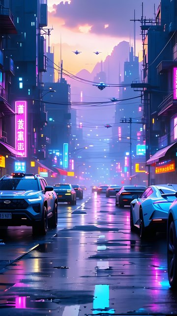 Vibrant Cyberpunk City Night Wet Road Wallpaper