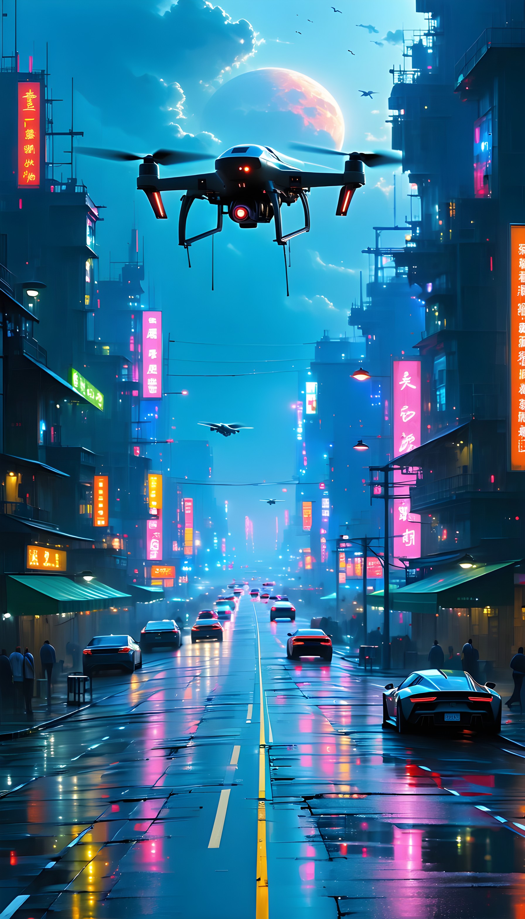 Cyberpunk City Drone Nightscape, cyberpunk, futuristic city, drone, neon lights, sci-fi, urban night
