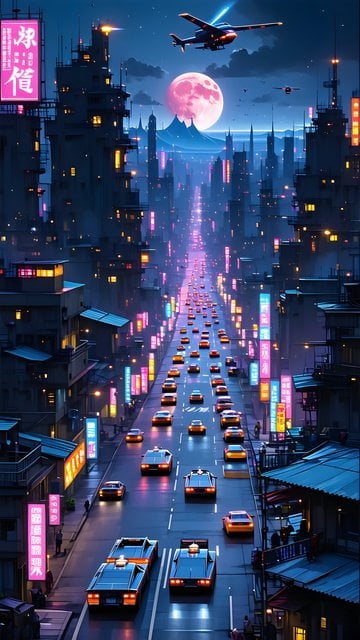 Cyberpunk City Night Pink Moon Wallpaper