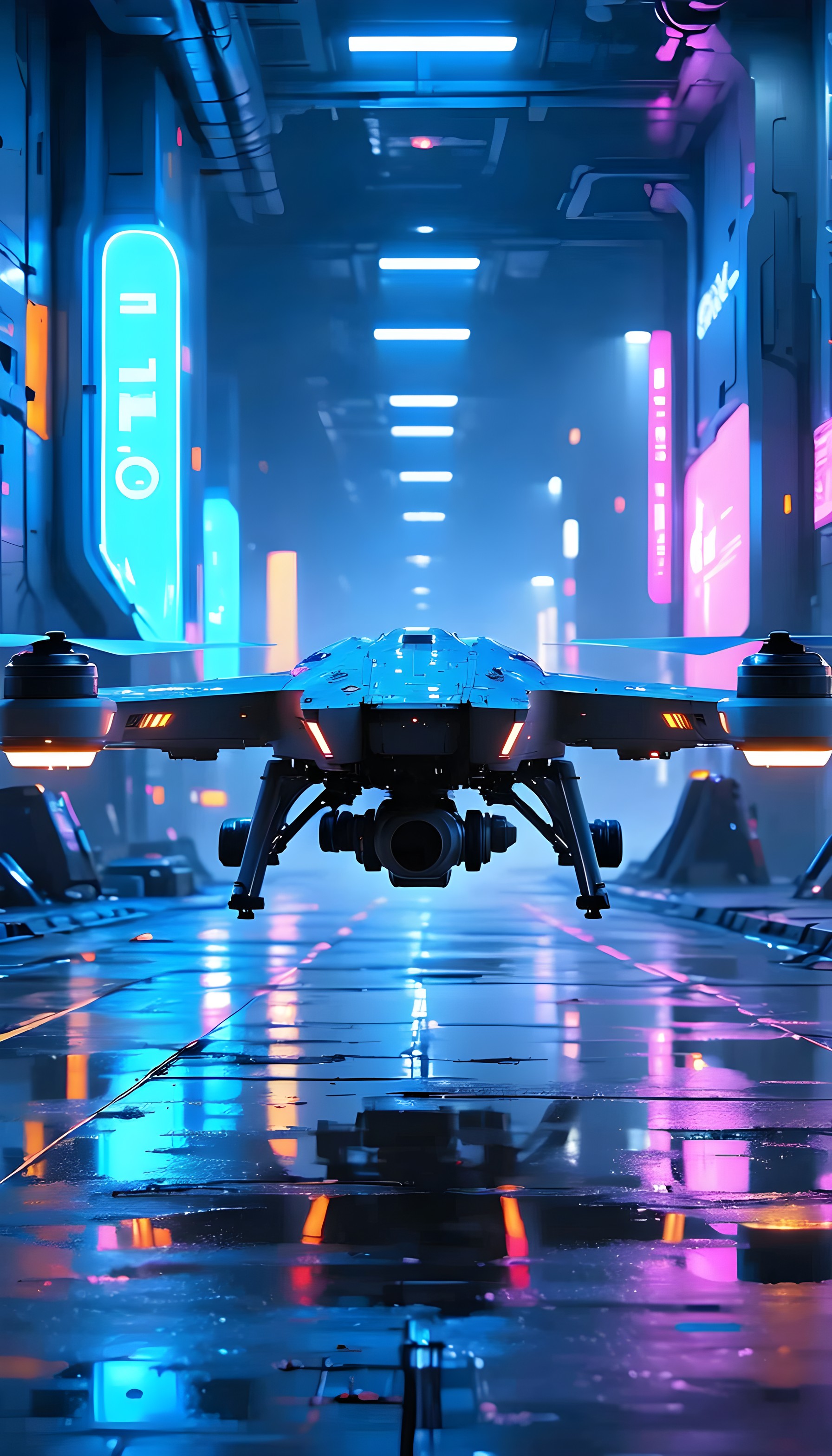Futuristic Neon Drone in Cyberpunk Corridor, drone, cyberpunk, neon, futuristic, sci-fi, digital art
