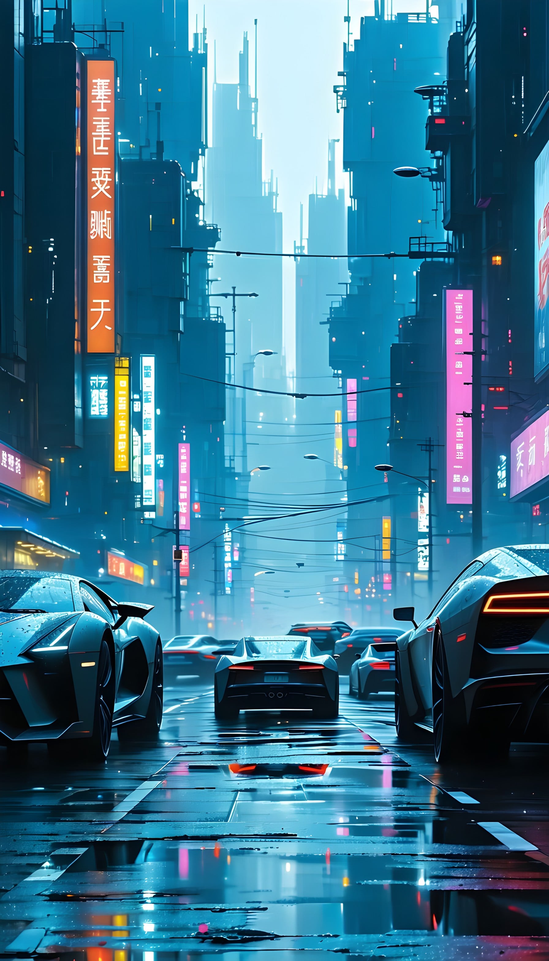 Cyberpunk City Street Night with Neon Cars, cyberpunk, futuristic city, neon lights, rainy street, sports cars, digital art