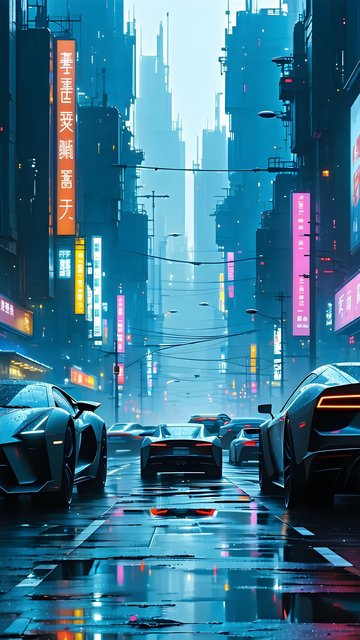 Cyberpunk City Street Night with Neon Cars