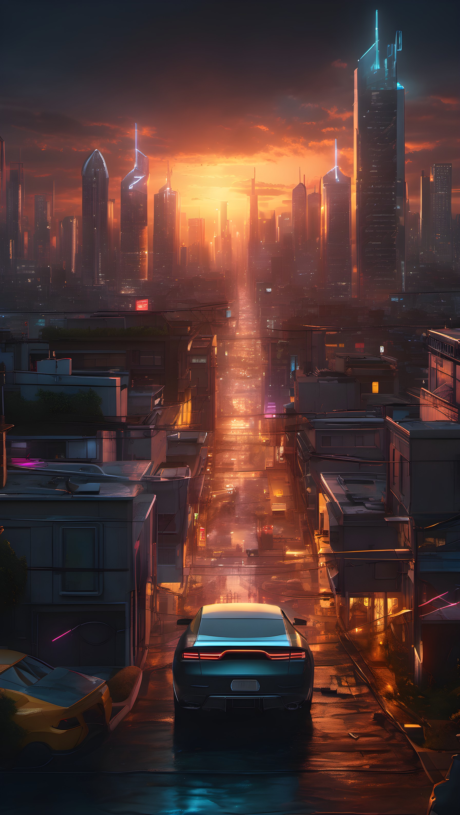 Cyberpunk City Sunset Street Drive Wallpaper, cyberpunk, futuristic city, sunset, urban street, neon lights, digital art