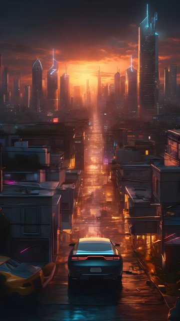 Cyberpunk City Sunset Street Drive Wallpaper