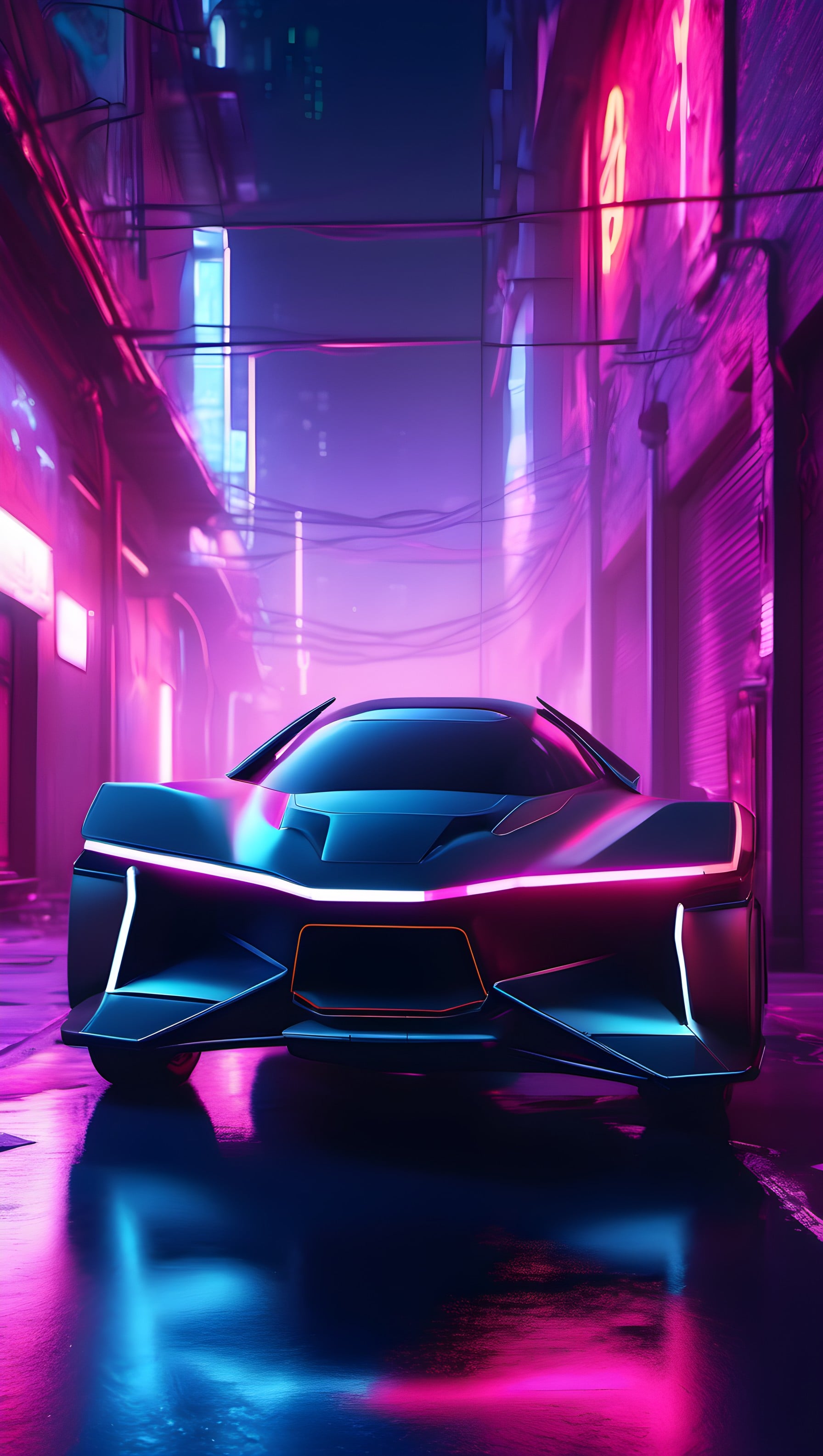 Cyberpunk Neon Car in Dark City Alley Wallpaper, futuristic car, neon lights, cyberpunk, synthwave, city night, digital art