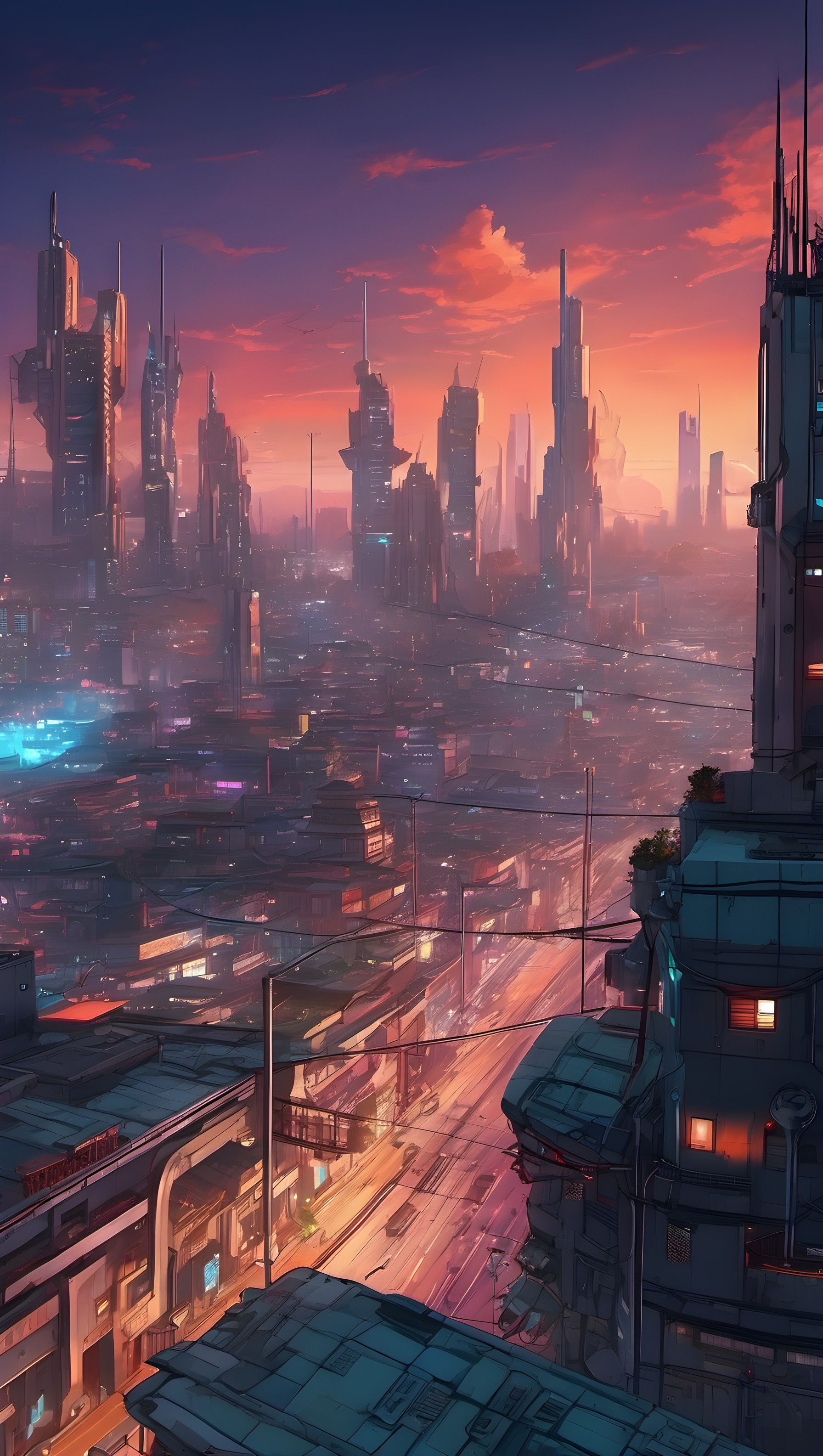 Vibrant Cyberpunk City Sunset Aesthetic Wallpaper, futuristic city, cyberpunk, cityscape, sunset, neon, digital art