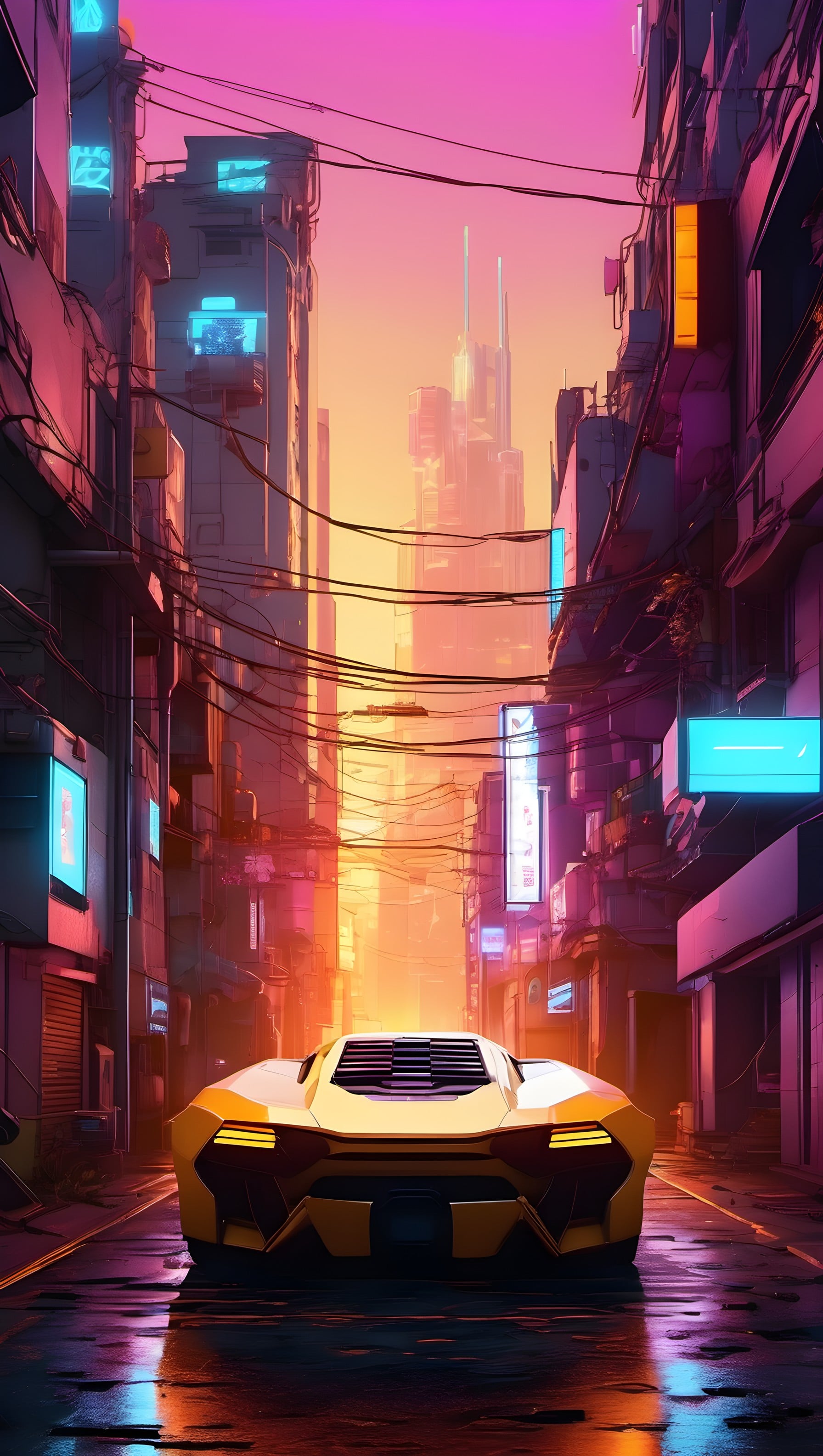 Vibrant Cyberpunk Street Sports Car Sunset Wallpaper, cyberpunk, futuristic city, neon lights, sports car, urban aesthetic, vibrant wallpaper