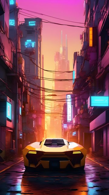 Vibrant Cyberpunk Street Sports Car Sunset Wallpaper