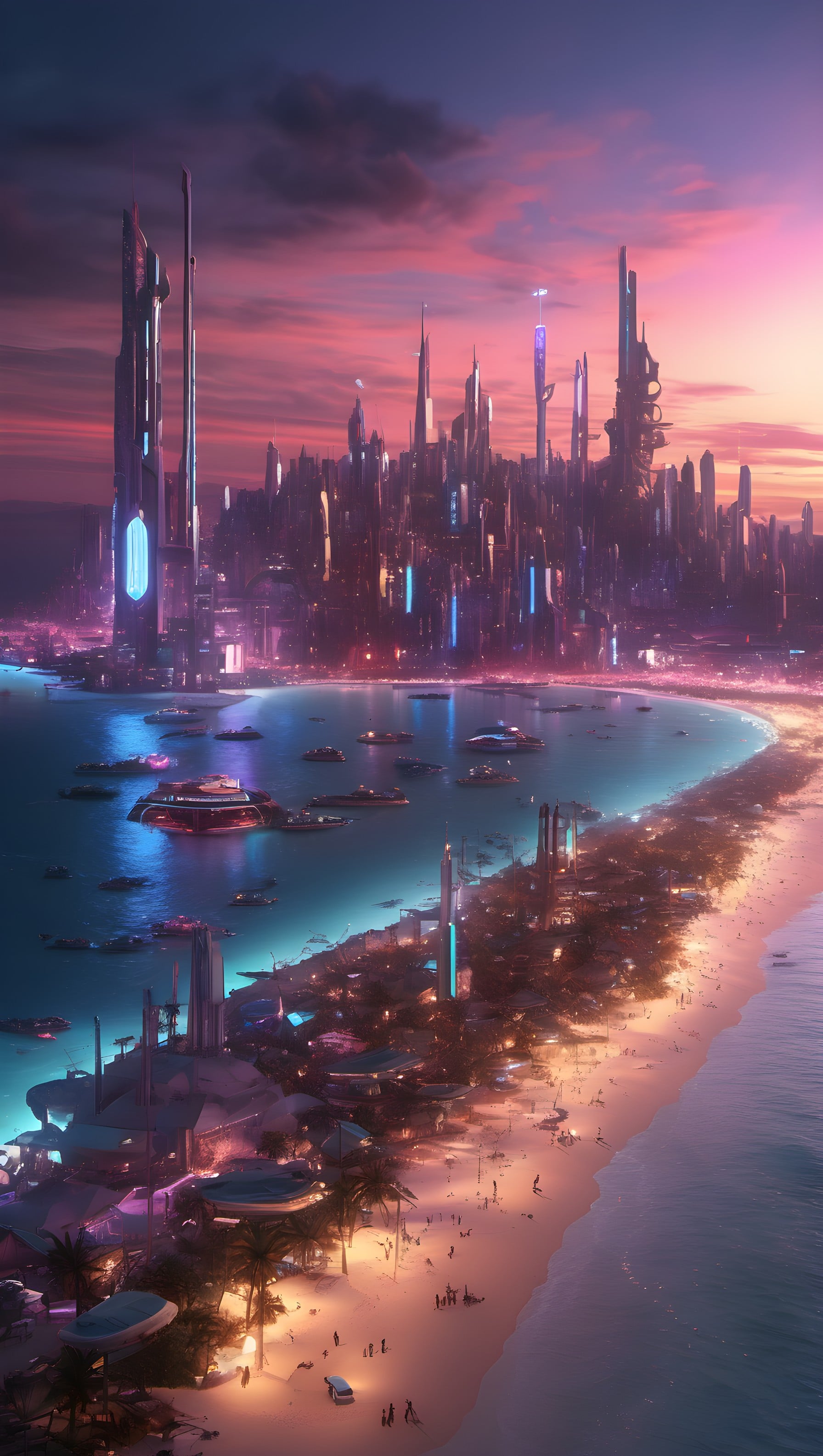 Futuristic Cyberpunk City Sunset Bay Wallpaper, futuristic city, cyberpunk, sci-fi, sunset, bay, beach