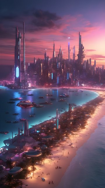 Futuristic Cyberpunk City Sunset Bay Wallpaper
