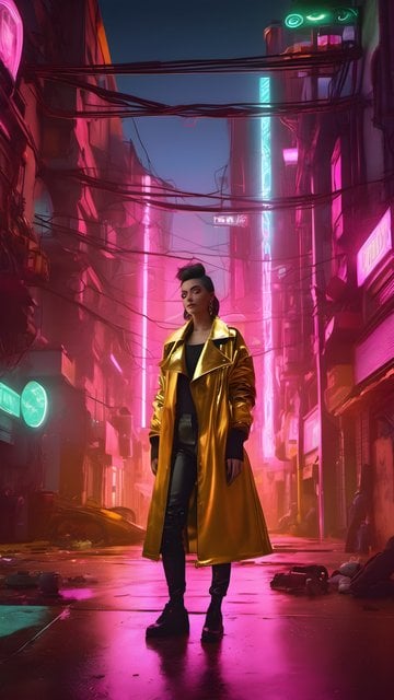 Neon Cyberpunk Woman in Gold Coat Wallpaper