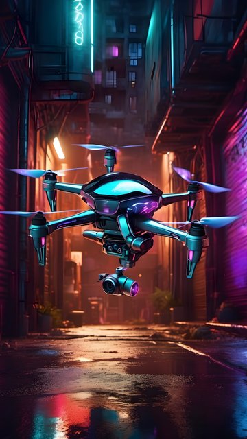Futuristic Neon Drone in Cyberpunk Alley Wallpaper