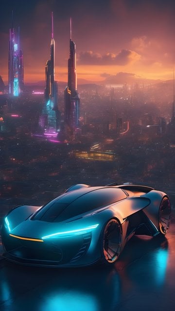 Futuristic Neon Car & Cyberpunk City Sunset