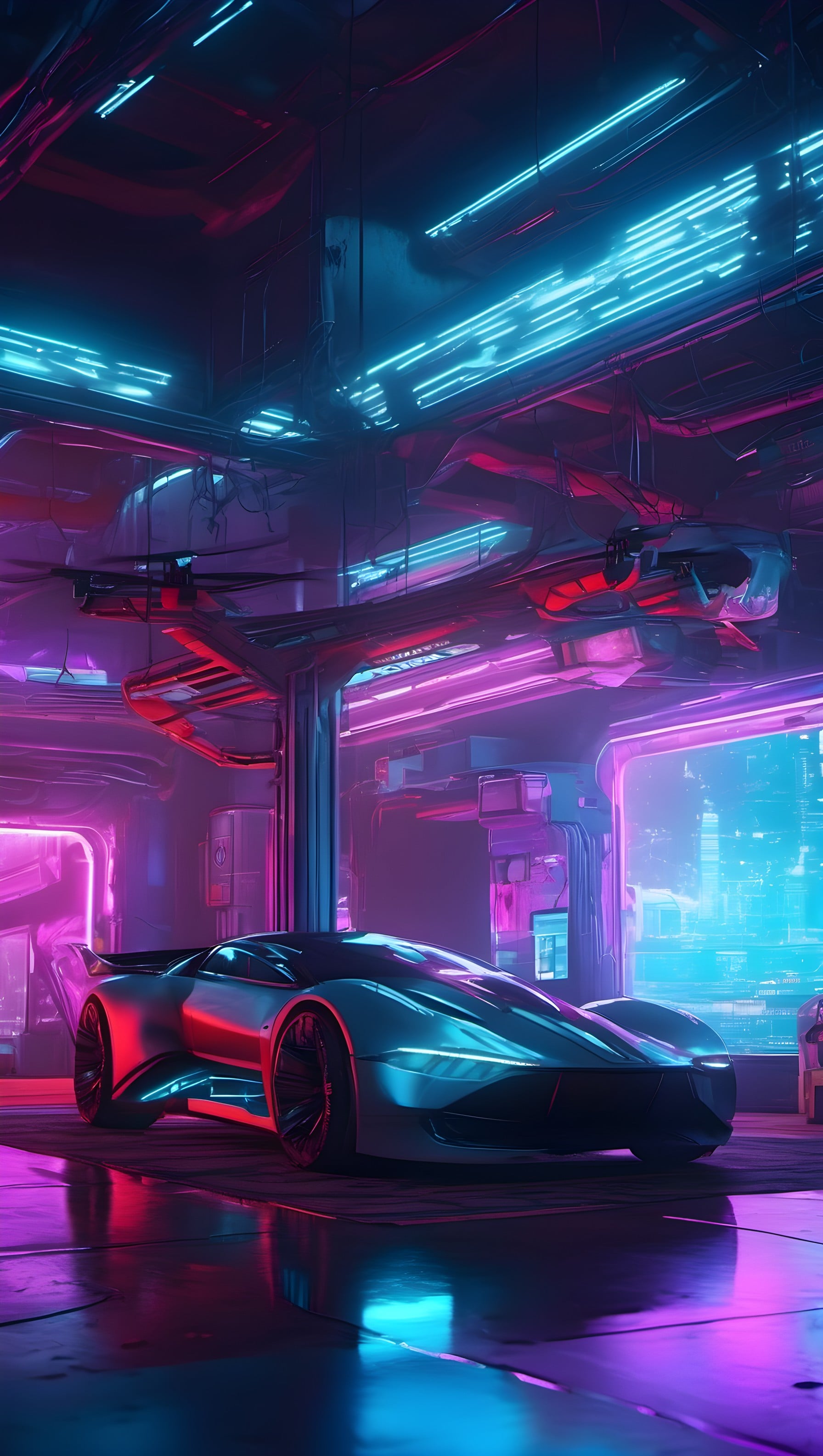 Futuristic Cyberpunk Car Neon Garage Wallpaper, futuristic car, cyberpunk, neon lights, sports car, ai art, synthwave