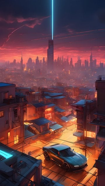 Cyberpunk City Sunset with Neon Beam & Sports Car