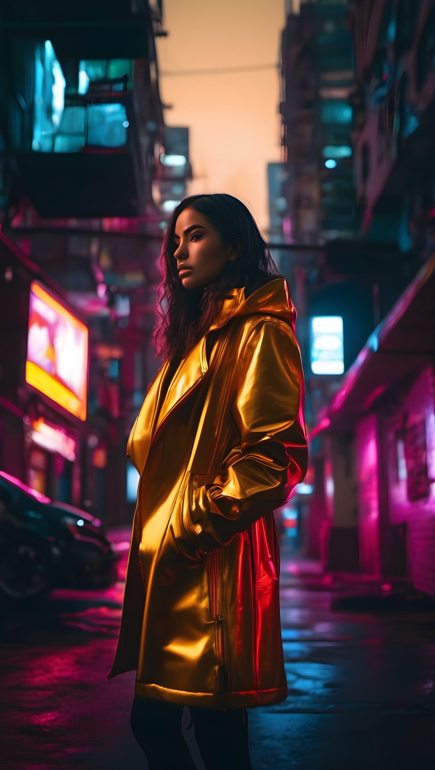 Golden Trench Coat Woman in Cyberpunk City Night, woman, cyberpunk, golden, neon city, urban night, aesthetic