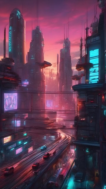 Vibrant Cyberpunk City Sunset Aesthetic Wallpaper